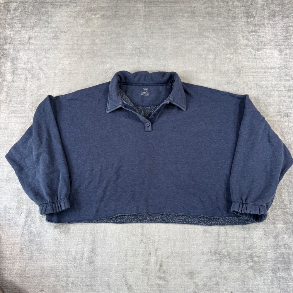 Aerie Sweatshirt Womens Large Blue Polo Cropped Raw Hem Relaxed Fit Pullover